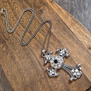 Two Inch Ornate Rhinestone Detail Cross Pendant Necklace, Lobster Clasp Closure